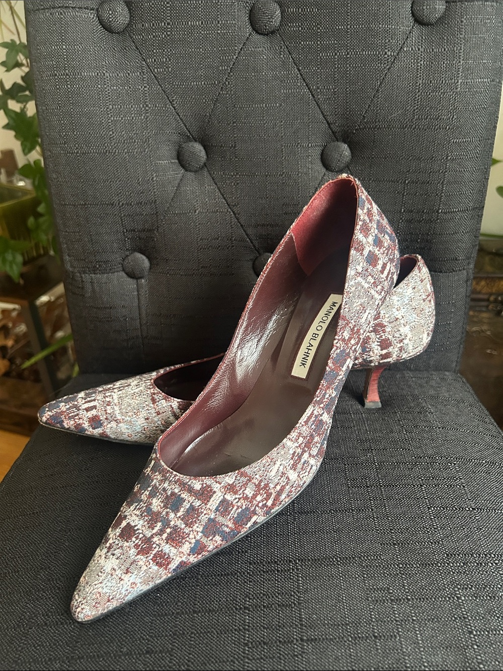 Manolo Blahnik Burgundy and Cream Tweed Pointed Kitten Heels